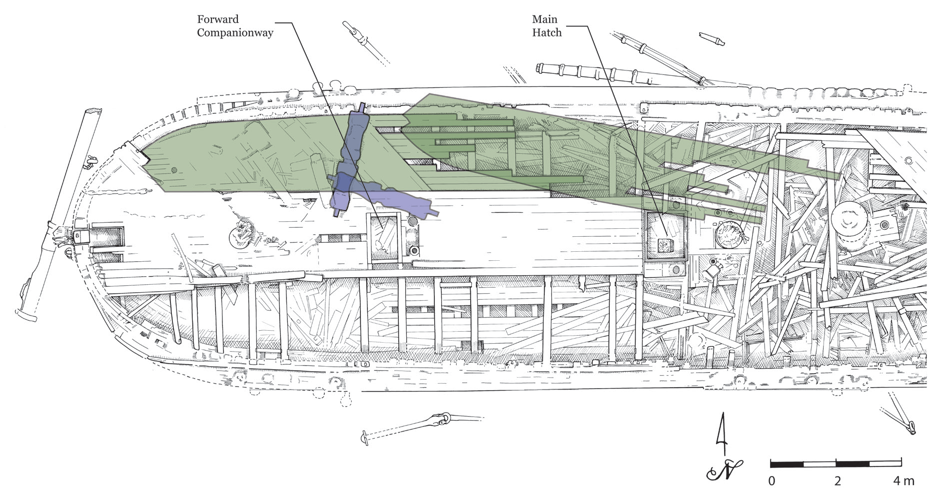 Přibližný pohyb oddělené pravobokové, dvouvrstvé horní části paluby. Část paluby se posunula přibližně o 8 m směrem k zádi a leží dnem vzhůru a vrátek se otočil přibližně o 90 stupňů ve směru hodinových ručiček.