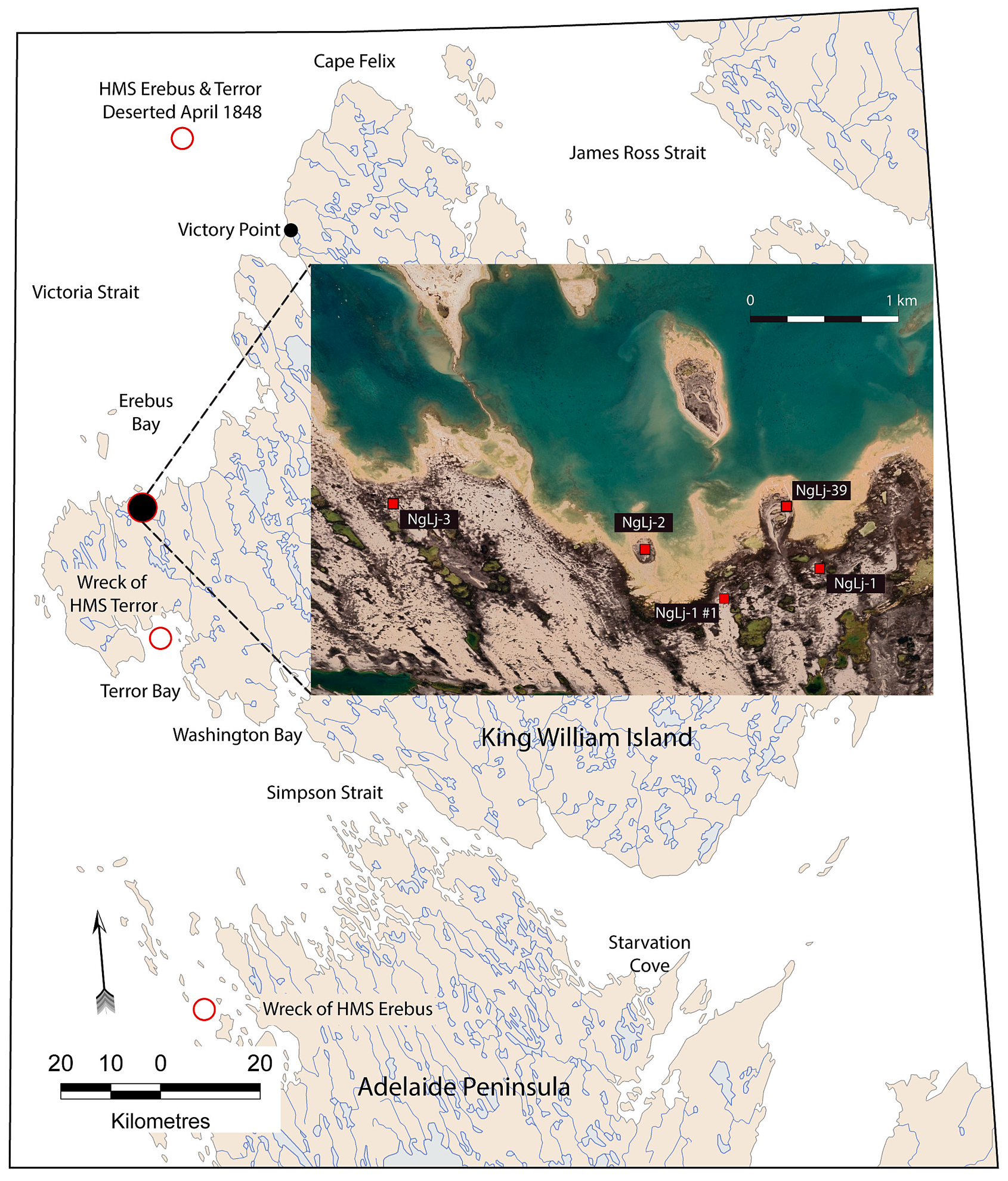 Mapa Erebus Bay a archeologických lokalit NgLj-1, NgLj-2, NgLj-3 a NgLj-39
